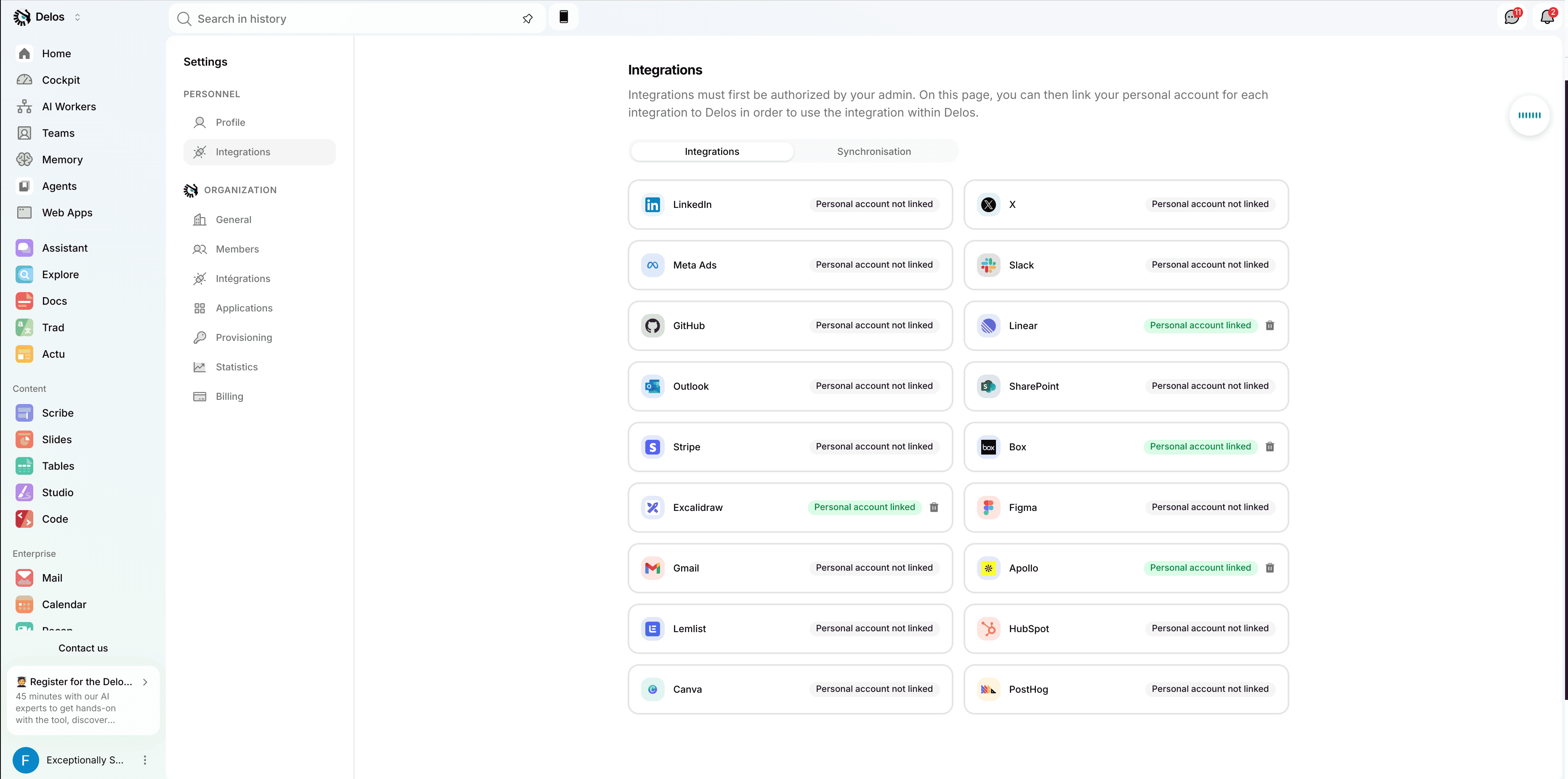 Carte Github dans l'espace personnel d'intégrations