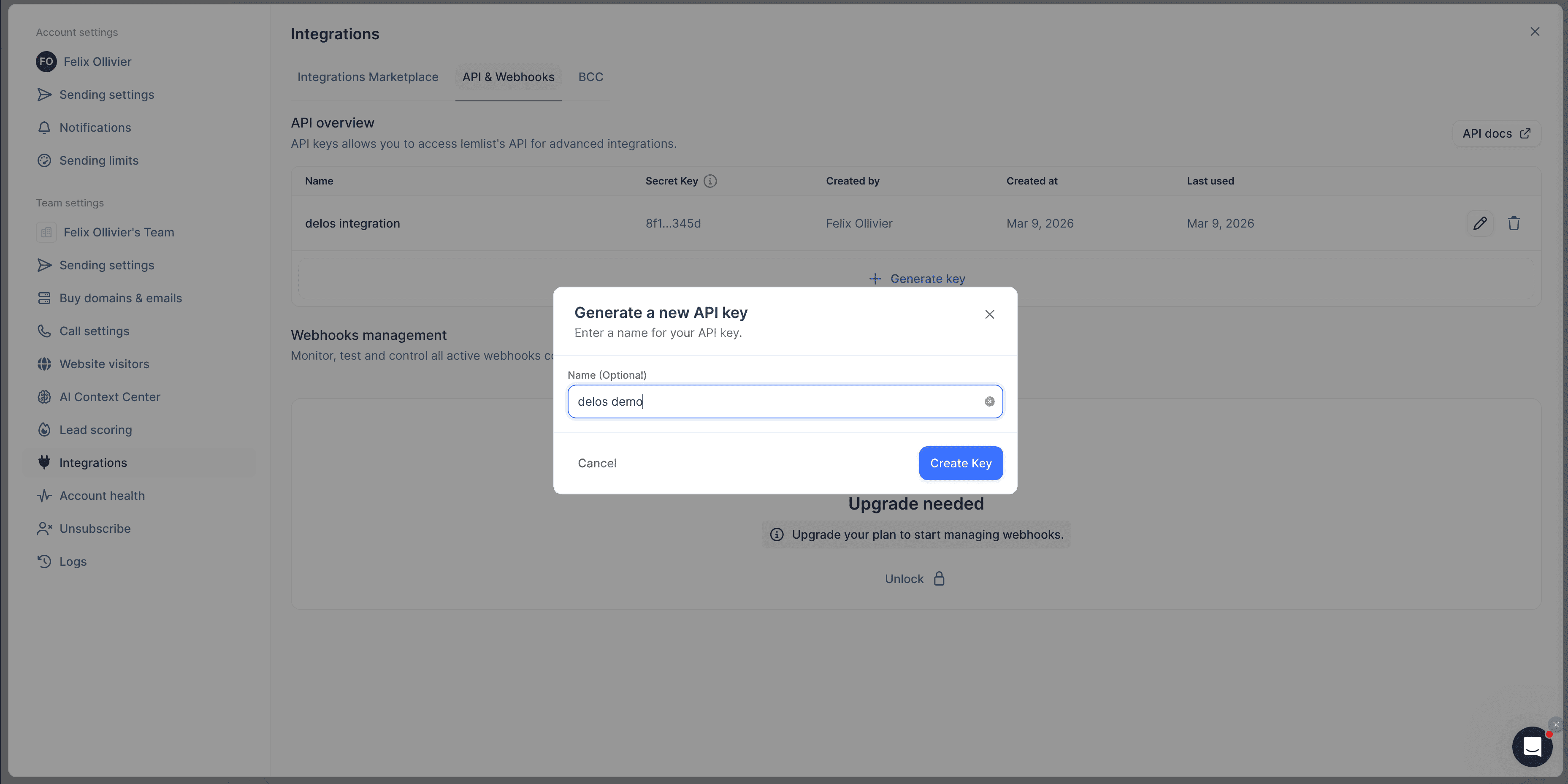 Chemin 2 vers clé API Lemlist