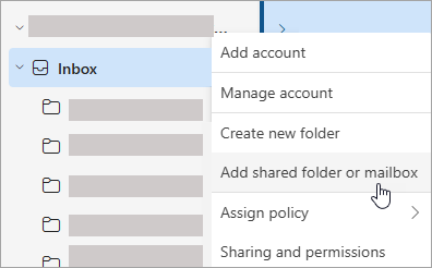 Menu Outlook permettant d’ajouter un dossier partagé ou une boîte aux lettres
