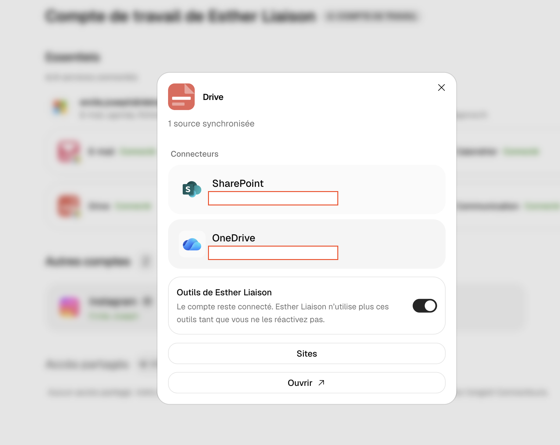 Fenêtre Drive : choix des sites SharePoint, Drives et dossiers à synchroniser, avec le mode de synchronisation par source