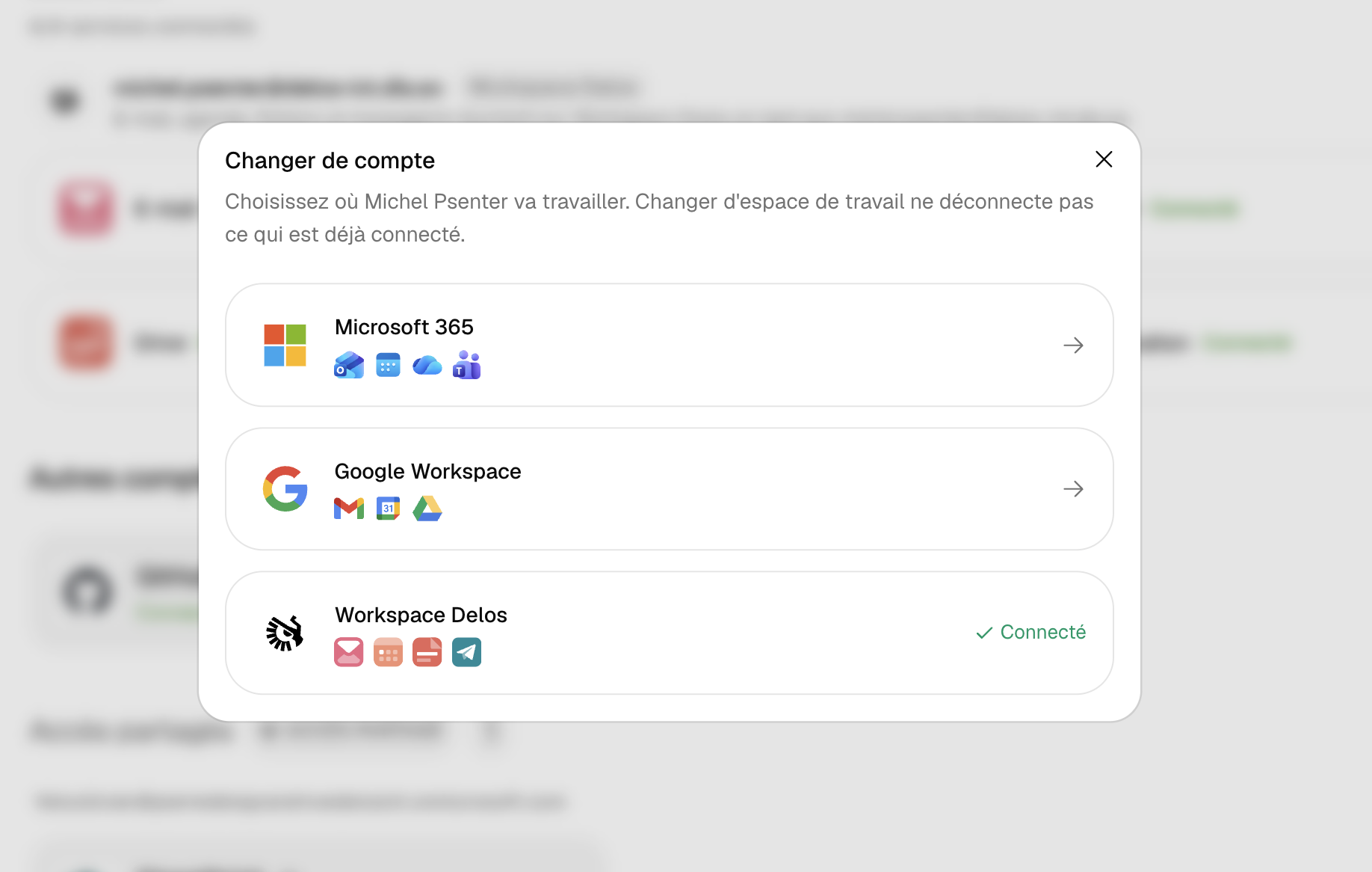 Section Essentiels : choix de l'espace de travail du worker entre Microsoft 365, Google Workspace et Workspace Delos