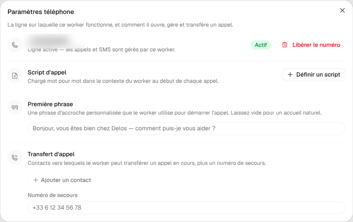 Fenêtre « Paramètres téléphone » d’un worker
